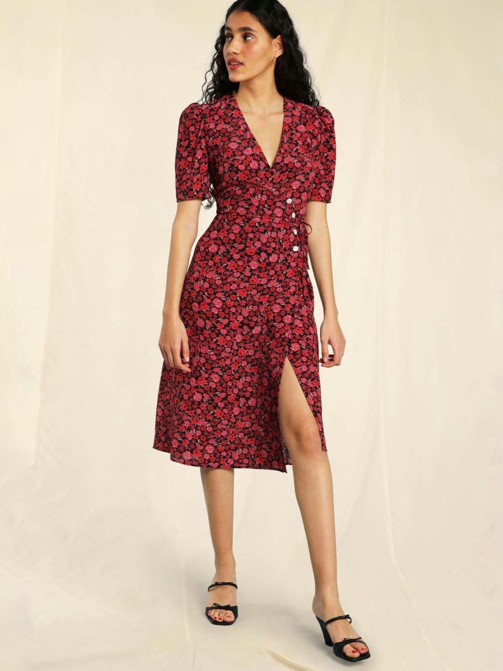 Rouje Gabin Dress Rosier Rouge Midi Wrap Green Size FR 38 US 6 Small Pink Floral - Picture 13 of 17